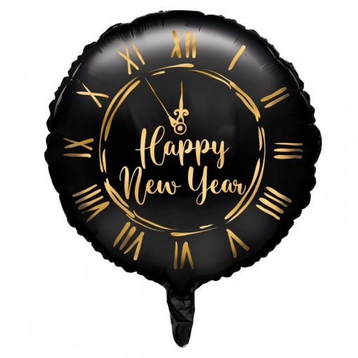 Balão preto redondo com relógio e texto 'Happy New Year' em dourado