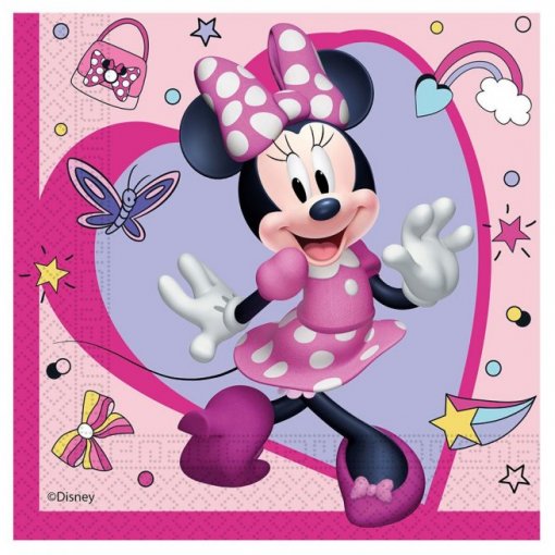 Guardanapo de papel com personagem Minnie rosa da Disney e decoração colorida