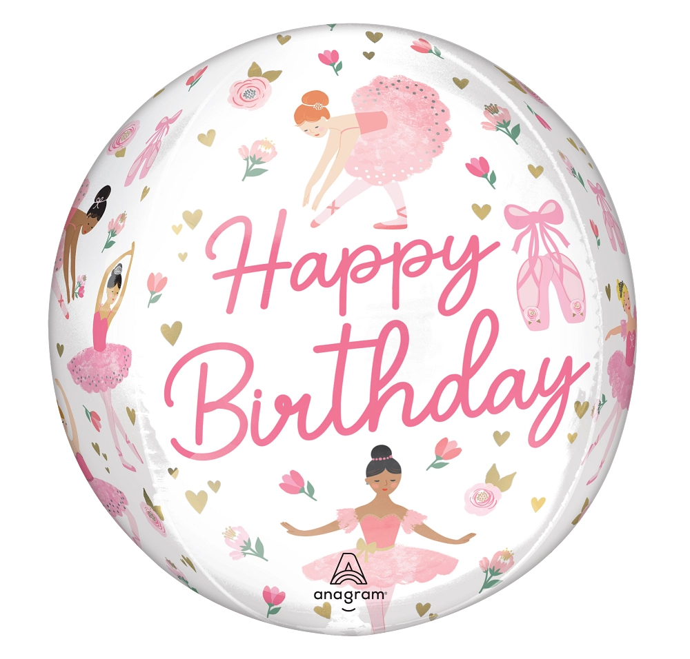 Balão redondo branco com bailarinas e texto Happy Birthday