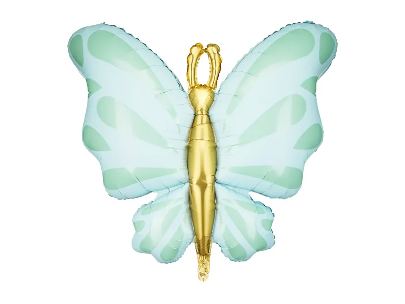 Balão metálico em forma de borboleta com corpo dourado e asas verde-água