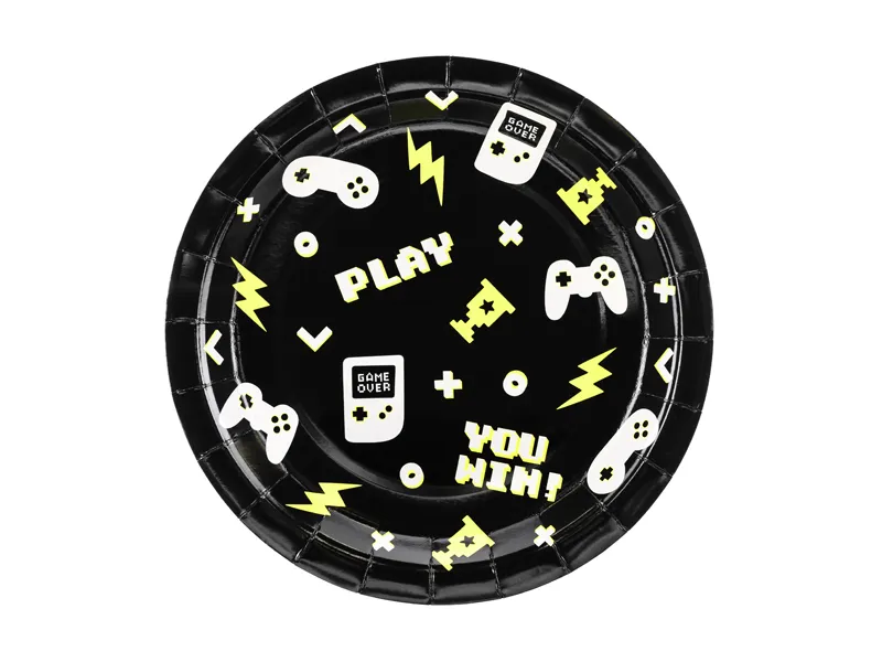 Prato descartável preto com temas de videojogos em branco e amarelo