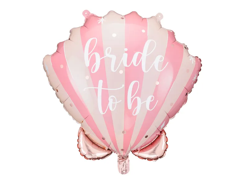 Balão metálico formato concha rosa e branco com texto 'bride to be' e laço