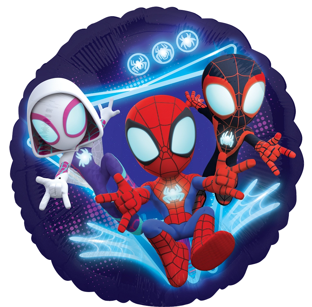 Balão redondo azul escuro com personagens do Spiderman