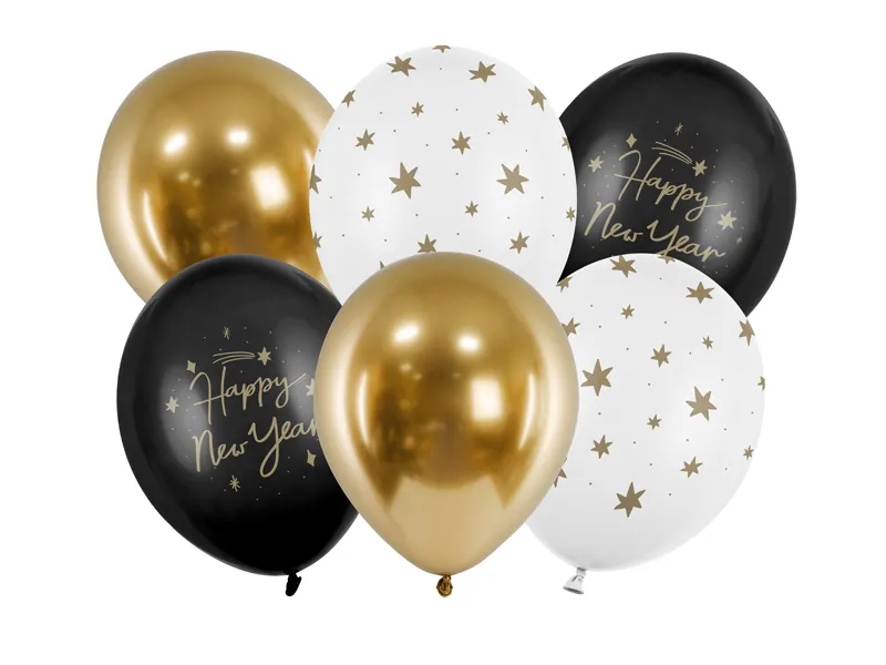 Balões de festa preto, branco e dourado com estampas e texto
