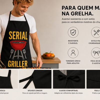 Homem usando avental preto com texto SERIAL GRILLER e desenho de grelha, em fundo neutro com texto descritivo em português