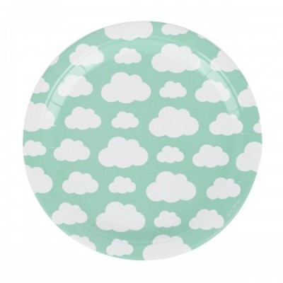 Prato de papel verde água com nuvens brancas