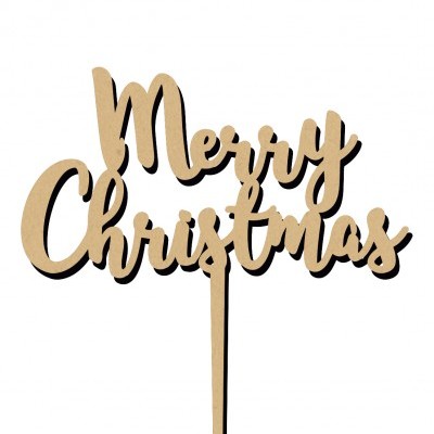 Topper de bolo em madeira com a inscrição 'Merry Christmas'