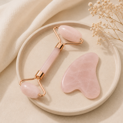 Rolo facial e pedra gua sha em quartzo rosa sobre base bege com tecido e flores secas