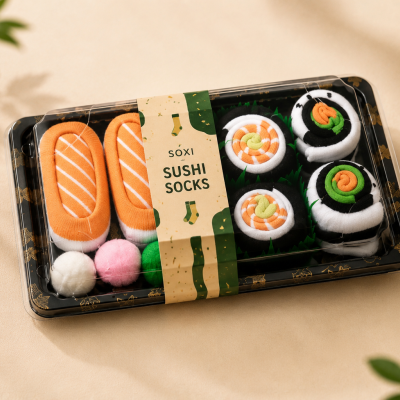 Conjunto de meias com design de sushi em embalagem plástica transparente.