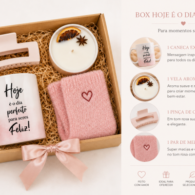 Caixa de presente com caneca, vela aromática, pinça de cabelo rosa e meias cor-de-rosa com coração bordado.