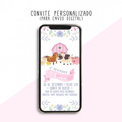 Convite digital personalizado de aniversário infantil com animais da quinta e texto em português