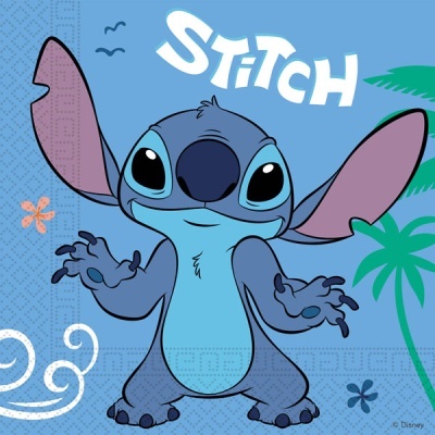 Desenho do personagem Stitch azul com orelhas grandes cor de rosa e fundo azul com texto STITCH