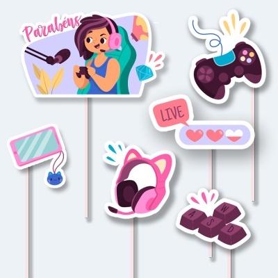 Toppers coloridos em palito com temática de videojogos e streaming