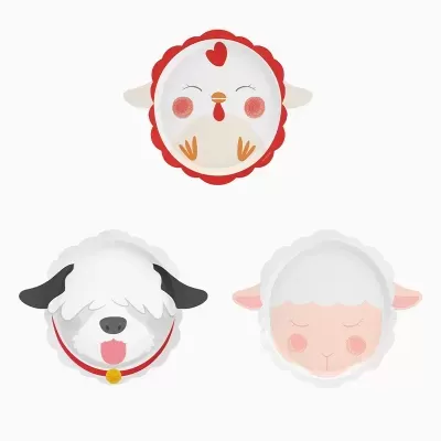 Pratos de papel decorativos com designs de galinha, ovelha e cão