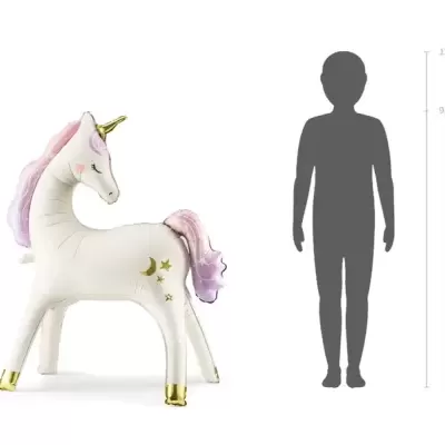 Estatua decorativa em forma de unicórnio branco com detalhes rosa e dourados