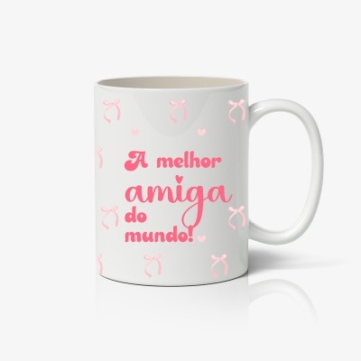 Caneca branca com texto cor-de-rosa e pequenos laços cor-de-rosa