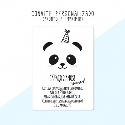 Convite de aniversário com desenho de panda e texto em português