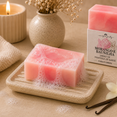 Sabonete cor de rosa com espuma numa saboneteira, embalagem com texto em português, vela acesa e vaso com flores secas