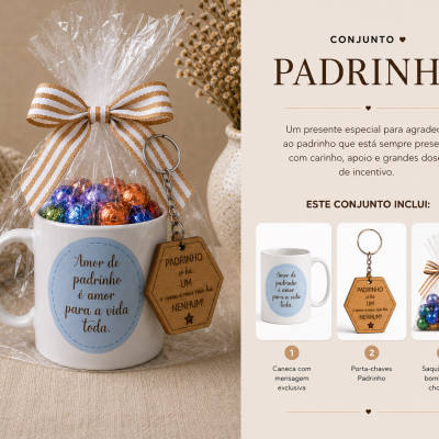 Conjunto presente para padrinho com caneca, porta-chaves e bombons em embalagem com laço