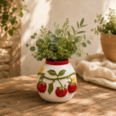 Jarro cerâmico branco com motivo de tomates e flores e ramos verdes dentro, numa mesa de madeira rústica