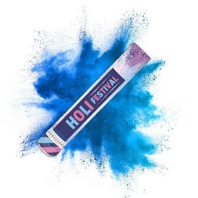 Embalagem colorida com texto HOLI FESTIVAL e pó azul explosivo