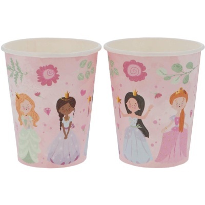 Dois copos de papel rosa com desenhos de princesas e flores