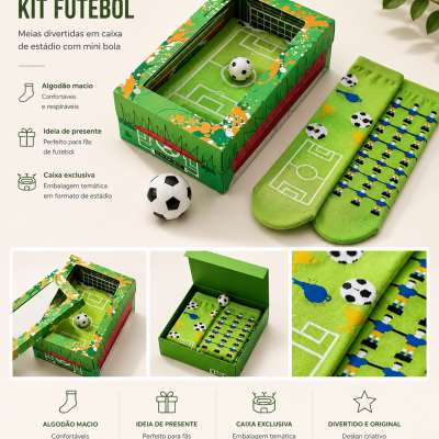 Kit futebol com meias verdes, bola mini e caixa em forma de estádio.