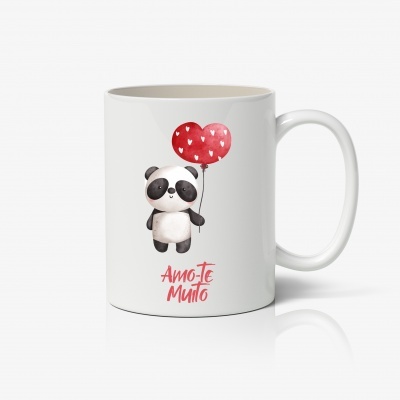 Caneca branca com ilustração de panda e balão em forma de coração