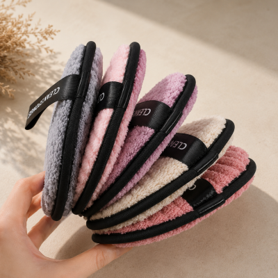 Discos de remoção de maquiagem coloridos em tecido felpudo com alças pretas e texto CLEANSPONGE.