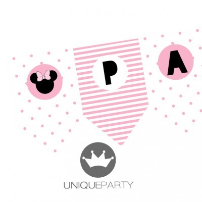 Decoração de festa com tema Minnie em rosa, branco e cinza com letras e coroa