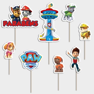 Toppers para bolos PAW PATROL com personagens e texto Parabéns