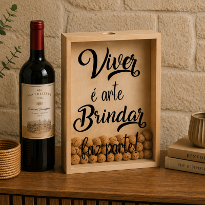 Quadro decorativo com rolhas e texto, garrafa de vinho e vaso com folhas verdes sobre móvel de madeira