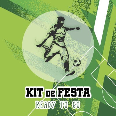 Ilustração de jogador de futebol e texto KIT DE FESTA READY TO GO em fundo verde