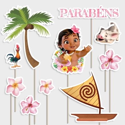 Decorações de festa tropicais em papel com personagem animada e palavra PARABÉNS