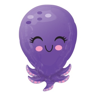 Balão roxo em forma de polvo com rosto sorridente e tentáculos coloridos