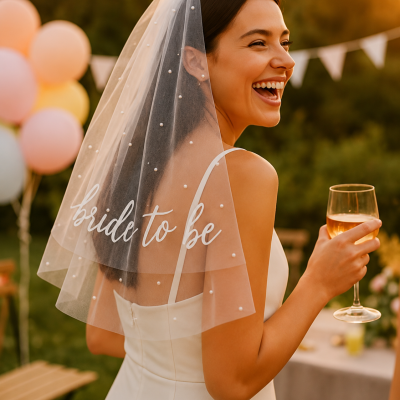 Véu de noiva branco com pérolas e texto bride to be usado pela noiva