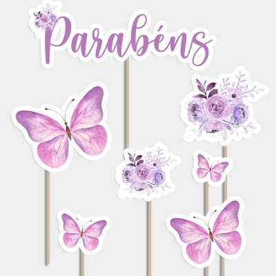 Toppers para bolos com borboletas lilás, flores roxas e a palavra 'Parabéns' em palitos de madeira
