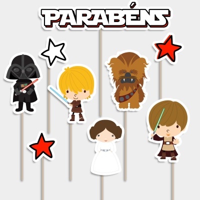 Toppers para bolos Star Wars com personagens em cartão e varas de plástico, texto 'PARABÉNS'.