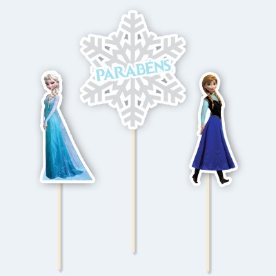 Toppers para bolos com personagens da Frozen e floco de neve com 'PARABÉNS'