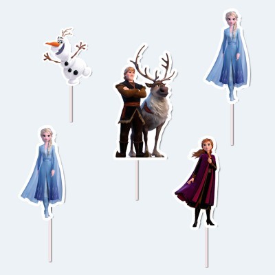 Conjunto de toppers de bolo personagens Frozen em papel colorido com varas brancas.