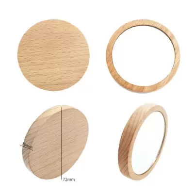 Espelho redondo pequeno com moldura e suporte em madeira clara