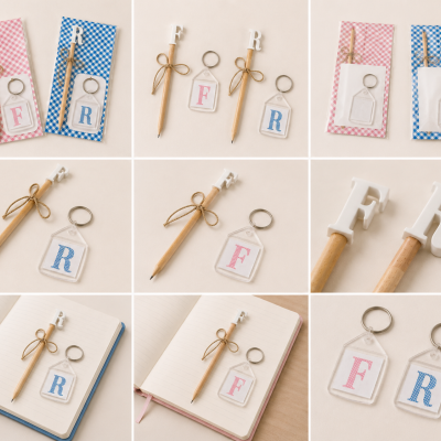 Conjuntos de lápis de madeira com letras F e R no topo e chaveiros acrílicos com as mesmas letras em rosa e azul, em embalagens xadrez e apresentados sobre cadernos.