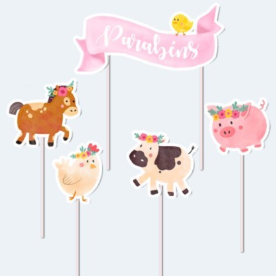Toppers para bolo com animais da quinta e faixa rosa com texto 'Parabéns'
