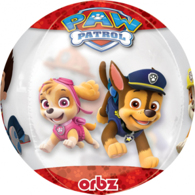 Balão redondo com personagens da Patrulha Canina e logo PAW PATROL