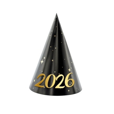 Chapéu de festa preto com estrelas douradas e 2026 em dourado