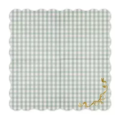 Guardanapo xadrez verde e branco com bordas onduladas e detalhe dourado no canto