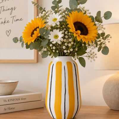 Vaso branco com riscas amarelas e pretas cheio de flores amarelas e brancas numa mesa de madeira