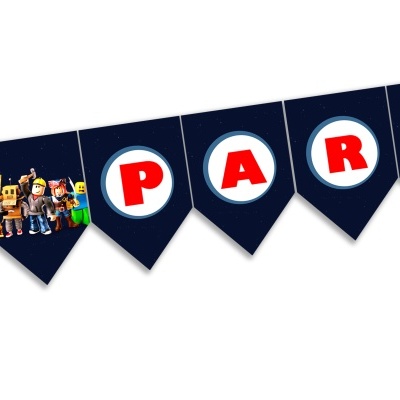 faixa decorativa azul escuro com letras vermelhas dentro de círculos brancos e personagens de videojogos na ponta esquerda