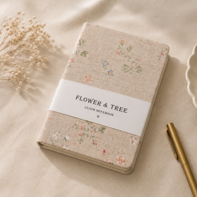 Caderno de capa de tecido floral com etiqueta branca numa mesa com flores secas, caneta dourada e taça branca.