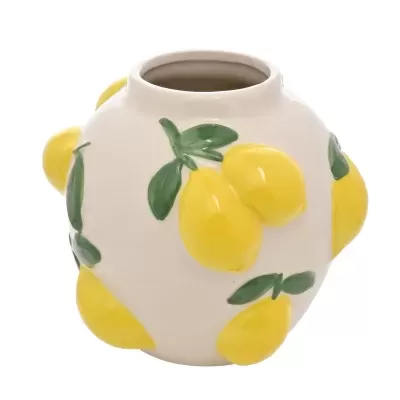Vaso cerâmico branco com limões amarelos em relevo